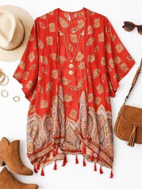 "Chic Ruff" Red and White Paisley Duster - Festival, Fringe, Boho - One Size